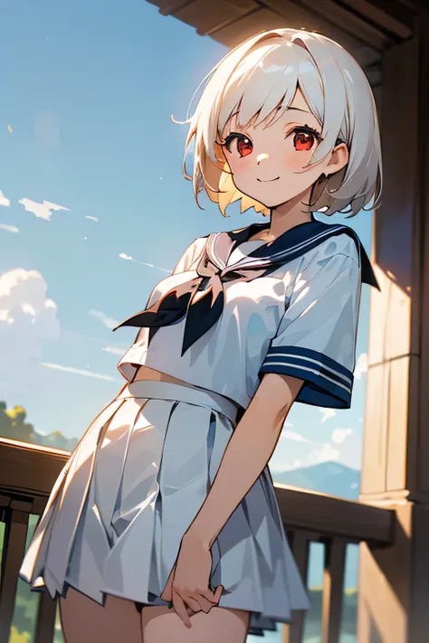 ((masterpiece,Highest quality, High resolution)), One girl, alone, Red eyes, Short white hair, smile, Sailor suit, Short sleeve, White pleated skirt, Red Sailor suit jacket,  (Cute illustrations:1.2), (blue sky), Dramatic Light, afternoon, Bokeh effect