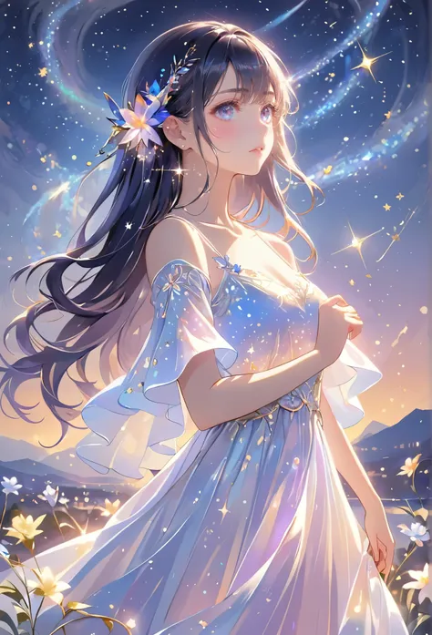 a girl standing alone under the starry night sky, with her silhouette illuminated by the soft moonlight and twinkling stars. her...