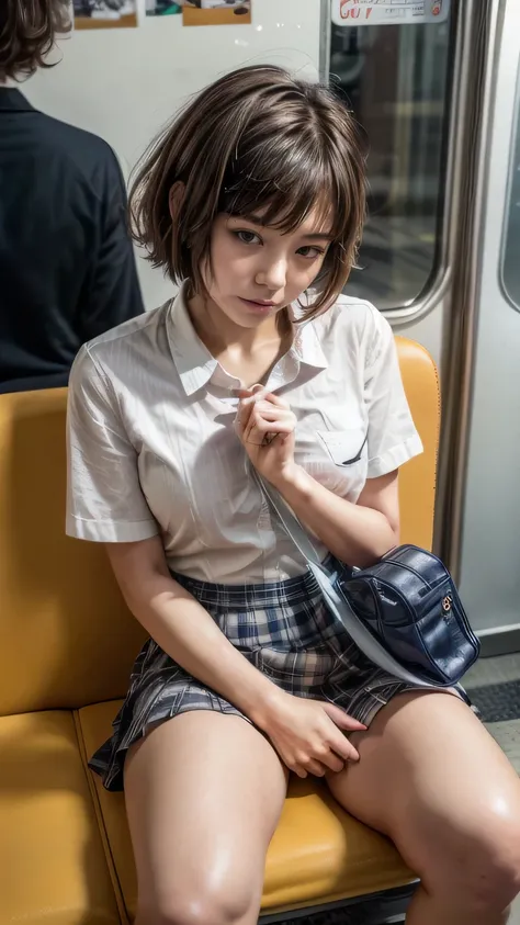 (high school girl sitting on a seat in a japanese train:1.2、sit in a chair on the train、face to face)、((school uniform、white blo...