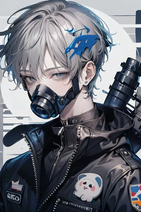 Beautiful young man, darkblue-haired, ((Gray eyes)),(short wave hair:1.2), (gas mask:1.2),leather jacket,clear wear,High quality, amount of drawing, pixiv illustration,(animal sticker:1.2),close-up Face.