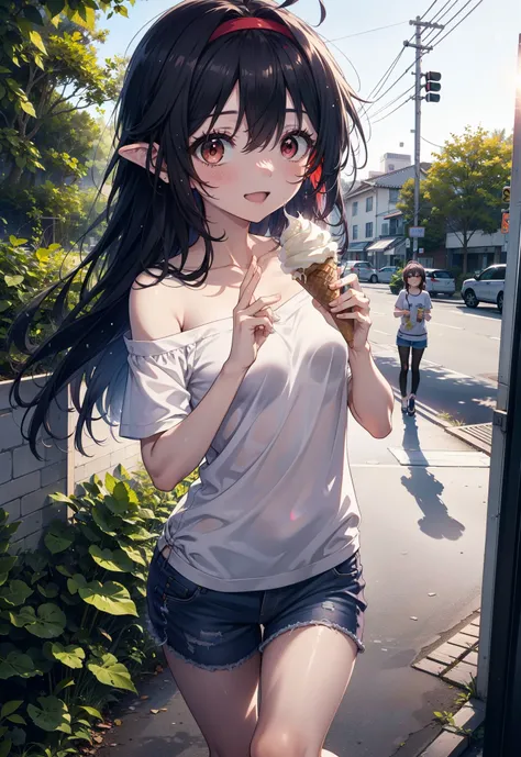 yuukikonno, Yuuki Konno, , Long Hair, Pointed Ears, Purple Hair, Ahoge,(Red eyes:1.5), (Small breasts:1.2), hair band,Oversized one-shoulder shirt,Short sleeve,Shorts,Heeled Sandals,Walking,Daytime,Clear skies,Holding and eating ice cream with both hands,h...