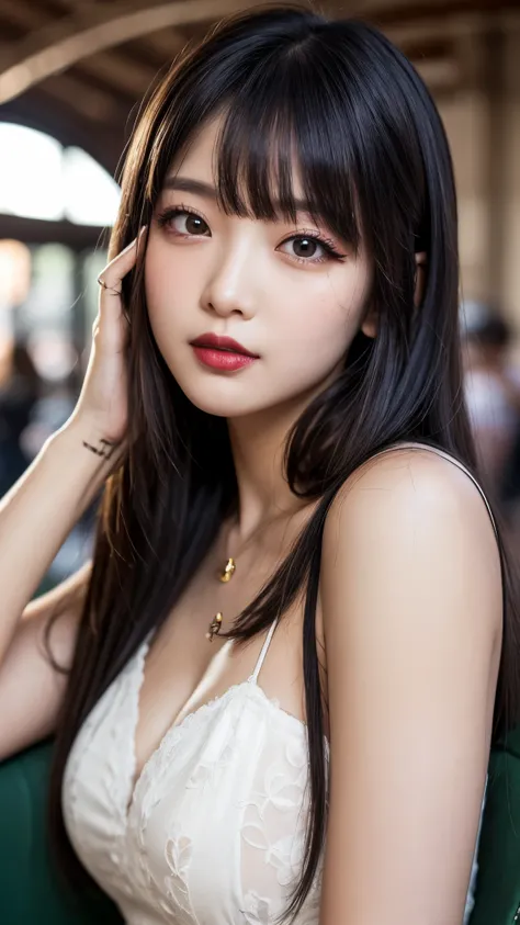 A girl，Twenty generations，cute and pretty face，Black long straight hair，Long bangs cover the eyes，Long eyelashes，(Beautiful eyes)，Small Eyes，upturned eyes，(Dark lipstick)，(dark eye makeup:1.3)，slim，Slender limbs，Black Spaghetti Strap Dress，Inside the old r...