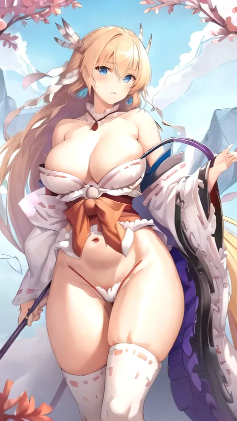 Highest quality, masterpiece, High resolution, detailed, Digital Art, Minerva VG, blue eyes, Blonde, Non-traditional Shrine Maiden, owl, nsfw, japanese loincloth, (((Pubic hair is sticking out of the loincloth))), (blonde pubic hair(4.0)), blush, perfect f...