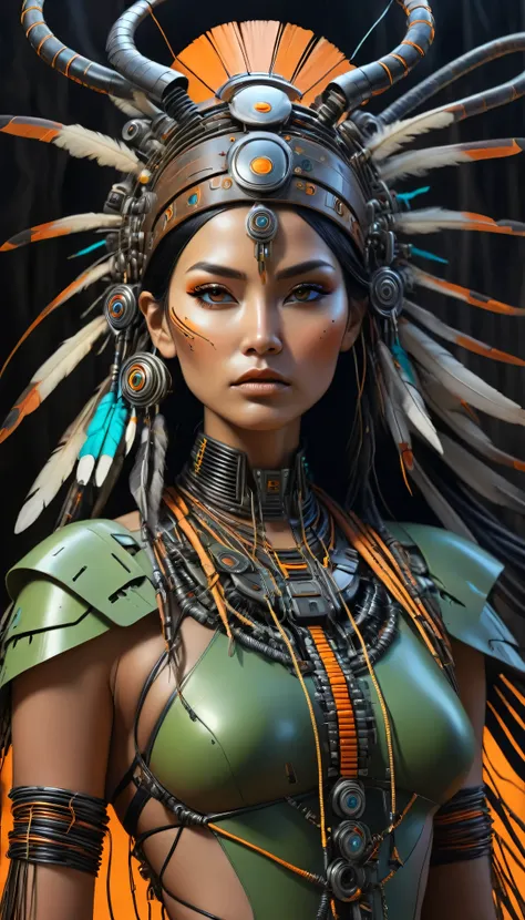 In a dystopian landscape of dark, bleak machinery, a hyper-realistic oil painting reveals a stunning beauty. A native American war bonnet adorns her majestic head, as wires and circuitry snake across her full-body, like a living, breathing entity. Her face...