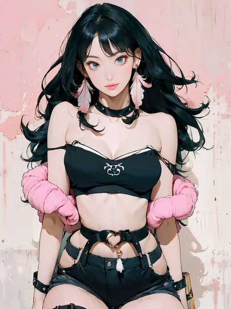 1girl, thick thighs, (black tube top:1.4), black highleg micro thong, (muscular abs:0.6), thigh strap, detailed face, looking at viewer, (wing embellishment, detailed pink feather:1.2), (long black hair, middle parted bangs), (modern abstract black kintsug...