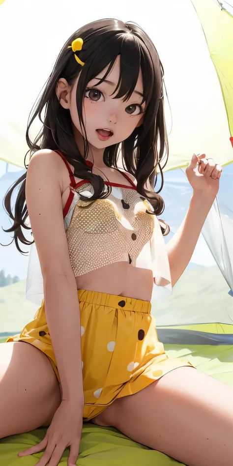 (Infant 8 years old)Ahegao、Butt Emphasis、She spreads her legs to reveal nice yellow polka dot panties、、See through、Turn to me、Realistic、(8 year old girl with long wavy hair)、Close-up from the ground、(Summer camp in the mountains)、(In the tent)Butt Emphasis...