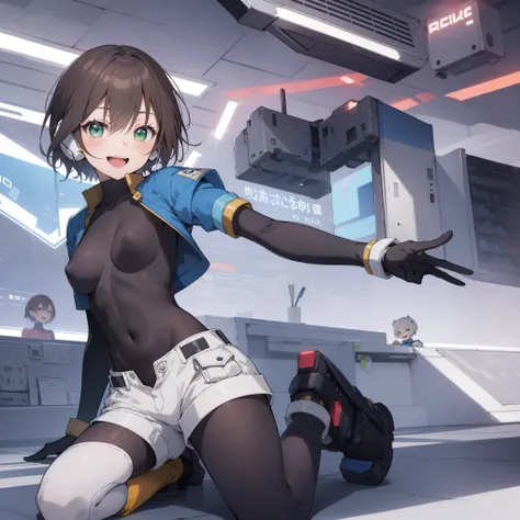 aile_megamanzx, kneeling with one hand on the ground and the other arm raised, 1girl, solo, short hair, brown hair, short sleeves, (bodysuit), robot ears, green eyes, short_shorts, short sleeves, short over long sleeves, smile, in futuristic_city_landscape...