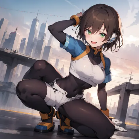 aile_megamanzx, kneeling with one hand on the ground and the other arm raised, 1girl, solo, short hair, brown hair, short sleeves, (bodysuit), robot ears, green eyes, short_shorts, short sleeves, short over long sleeves, smile, in futuristic_city_landscape...