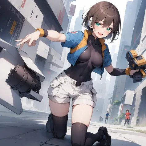 aile_megamanzx, kneeling with one hand on the ground and the other arm raised, 1girl, solo, short hair, brown hair, short sleeves, (bodysuit), robot ears, green eyes, short_shorts, short sleeves, short over long sleeves, smile, in futuristic_city_landscape...