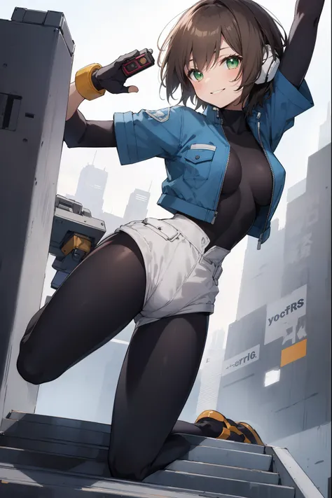 aile_megamanzx, kneeling with one hand on the ground and the other arm raised, 1girl, solo, short hair, brown hair, short sleeves, (bodysuit), robot ears, green eyes, short_shorts, short sleeves, short over long sleeves, smile, in futuristic city, , high q...