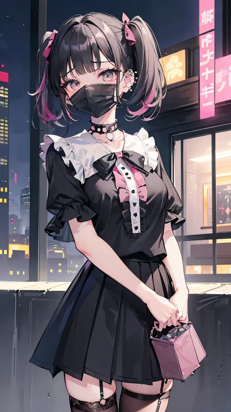 (masterpiece、Highest quality、Very detailed))、One girl、Black Hair、short hair、twintails、blunt bangs、Grey Eyes、((Black surgical mask))、((lots of piercing))、((Moderate breasts))、((Pink ruffled blouse))、Short sleeve、((Black pleated skirt))、((miniskirt))、Fishnet...