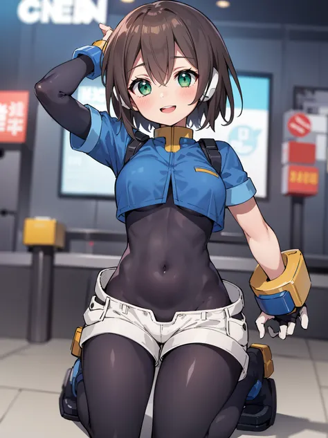 aile_megamanzx, kneeling with one hand on the ground and the other arm raised, 1girl, solo, short hair, brown hair, short sleeves, (bodysuit), robot ears, green eyes, short_shorts, short sleeves, short over long sleeves, smile, in futuristic city, , high q...