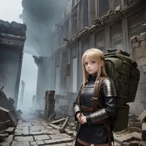 Young blonde adventurer girl, wearing a black military uniform and armor, carrying a large backpack filled with various items. She stands in broken temple ruins, looking determined and adventurous, with a hint of curiosity in her eyes, solo, wounds on the ...