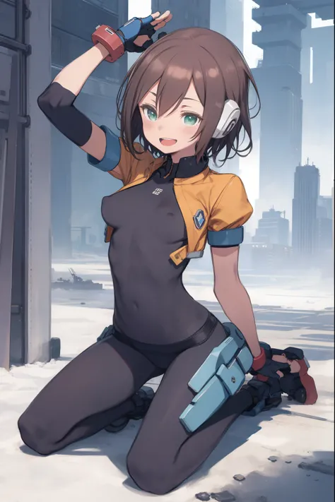 aile_megamanzx, kneeling with one hand on the ground and the other arm raised, 1girl, solo, short hair, brown hair, short sleeves, (bodysuit), robot ears, green eyes, short_shorts, short sleeves, short over long sleeves, smile, in futuristic_city_landscape...