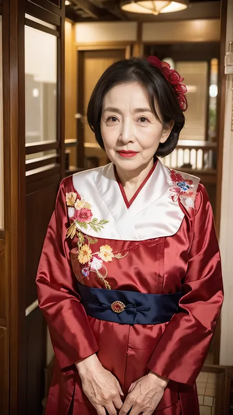 beautiful mature woman、60-year-old woman、snapshots、red lips, ((thin lips)), hanbok、light from the front,