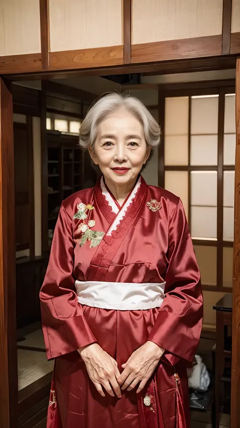 beautiful mature woman、60-year-old woman、snapshots、red lips, ((thin lips)), hanbok、light from the front,