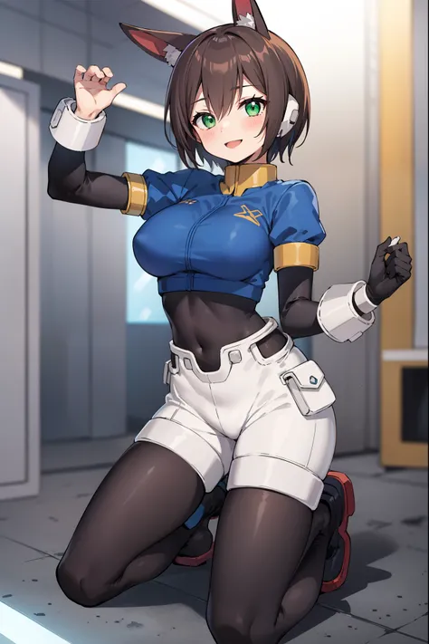 aile_megamanzx, kneeling with one hand on the ground and the other arm raised, 1girl, solo, short hair, brown hair, short sleeves, (bodysuit), robot ears, green eyes, short_shorts, short sleeves, short over long sleeves, smile, in futuristic city, , high q...