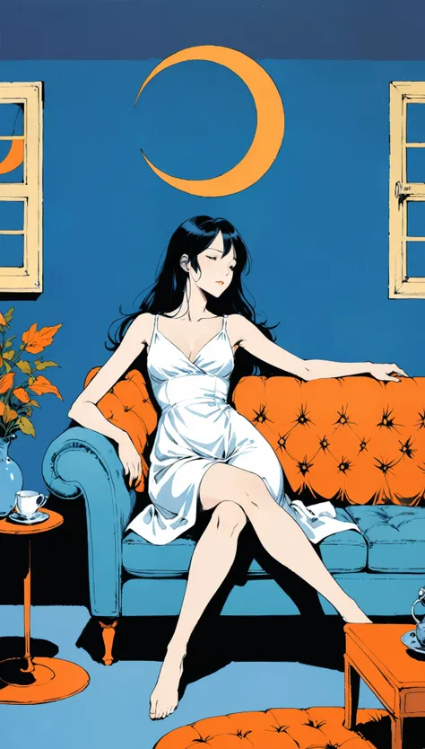 in style of Frank Miller,in style of Gary Grayson,in style of Quentin Blake, 1girl,indoors,long white dress,white head flowers,lie back on the couch,(relaxed body posture:1.5),long black hair,crossed_legs, the background is a blue room with an orange false...