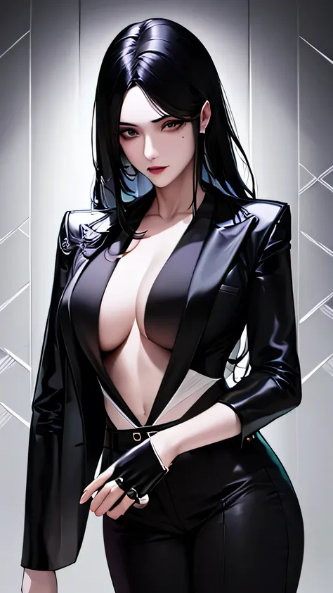 1 girl, 23 years old, long black hair, handsome face, sleeveless business suit, red tie,show cleavage, long black pants, black leather gloves, high quality, masterpiece