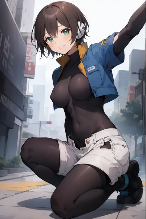 aile_megamanzx, kneeling with one hand on the ground and the other arm raised, 1girl, solo, short hair, brown hair, short sleeves, (bodysuit), robot ears, green eyes, short_shorts, short sleeves, short over long sleeves, smile, in futuristic city, , high q...