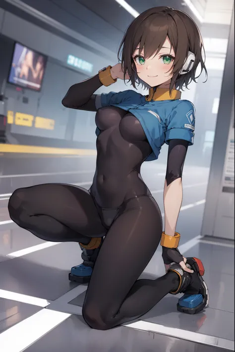 aile_megamanzx, kneeling with one hand on the ground and the other arm raised, 1girl, solo, short hair, brown hair, short sleeves, (bodysuit), robot ears, green eyes, short_shorts, short sleeves, short over long sleeves, smile, in futuristic city, , high q...