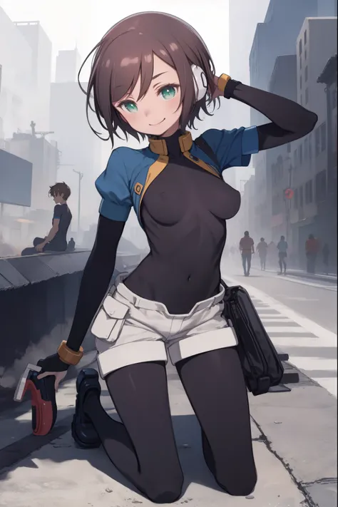 aile_megamanzx, kneeling with one hand on the ground and the other arm raised, 1girl, solo, short hair, brown hair, short sleeves, (bodysuit), robot ears, green eyes, very_short_shorts, short sleeves, short over long sleeves, smile, in futuristic city, , h...