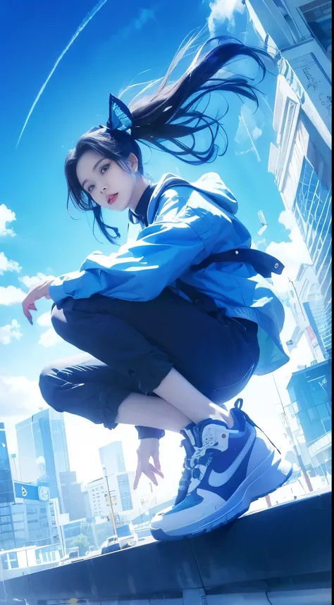 Shinobu kocho, demon slayer, black gradian blue hair, blue eyes light up, red shirt, friendly face, modern city background, beautiful blu sky, detailed hand, detailed face, detailed eyes, ultra-realistic, ultra-detailed, bestquality, masterpiece.