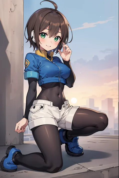 aile_megamanzx, kneeling with one hand on the ground and the other arm raised, 1girl, solo, short hair, brown hair, short sleeves, (bodysuit), robot ears, green eyes, very_short_shorts, short sleeves, short over long sleeves, smile, in futuristic city, , h...