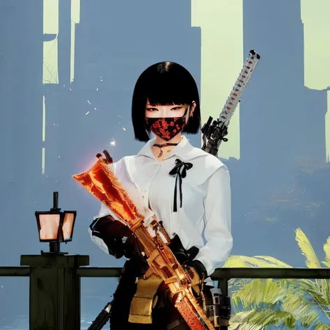 girl with a gun and a mask holding a weapon, katana zero video game character, chainsword in the other, she is holding a katana sword, unsheathing her katana,  katanas srapped to her back, an edgy teen assassin, 2b, 2 b, unreal 5. rpg portrait