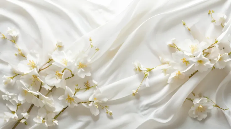 there is a white cloth with white flowers on it, wearing white silk, white splendid fabric, flowing sakura silk, white cloth, flowing silk sheets, elegant composition, white flowers, beautiful flowing fabric, soft translucent fabric folds, elegant flowers,...