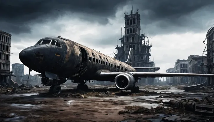 surrealism gothic dark post apocalyptic city plane abandoned on the ground