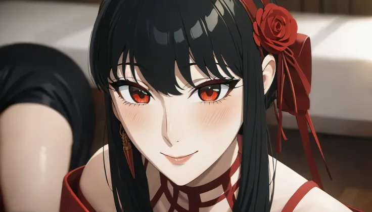 ((ultra quality)), ((work of art)), ((8k)), ((yor)), murderer, ((Bblack hair)), (beautiful face), ((happy facial expression)), (white skin color), (Caucasian skin), body shine, ((beautiful detailed female eyes)), ((Eyes red)), ((ideal female figure)), ide...