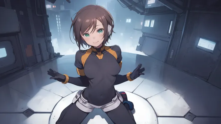 aile_megamanzx, kneeling with one hand on the ground and the other arm raised, 1girl, solo, short hair, brown hair, short sleeve...