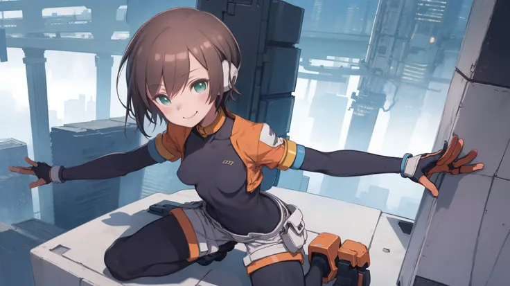 aile_megamanzx, kneeling with one hand on the ground and the other arm raised, 1girl, solo, short hair, brown hair, short sleeves, (bodysuit), robot ears, green eyes, very_short_shorts, short sleeves, short over long sleeves, smile, in futuristic city, , h...