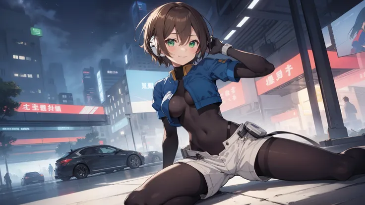 aile_megamanzx, kneeling with one hand on the ground and the other arm raised, 1girl, solo, short hair, brown hair, short sleeves, (bodysuit), robot ears, green eyes, very_short_shorts, short sleeves, short over long sleeves, smile, in futuristic city, , h...