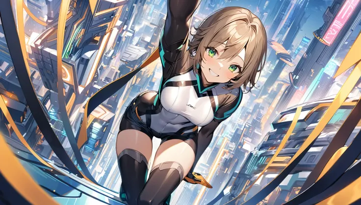 aile_megamanzx, kneeling with one hand on the ground and the other arm raised, 1girl, solo, short hair, brown hair, short sleeves, (bodysuit), robot ears, green eyes, (very_short_shorts:1.3), short sleeves, short over long sleeves, smile, in futuristic cit...