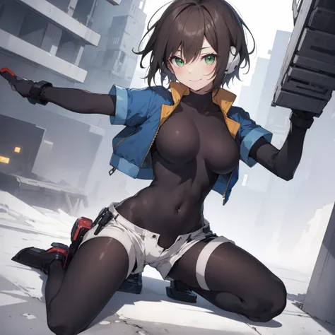 aile_megamanzx, kneeling with one hand on the ground and the other arm raised, 1girl, solo, short hair, brown hair, short sleeve...