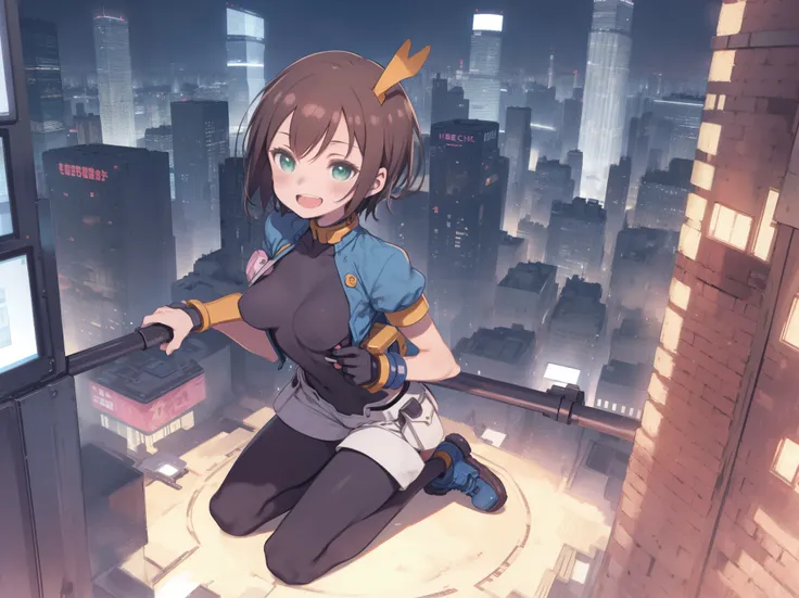 aile_megamanzx, kneeling with one hand on the ground and the other arm raised, 1girl, solo, short hair, brown hair, short sleeves, (bodysuit), robot ears, green eyes, short_shorts, short sleeves, short over long sleeves, smile, in futuristic_city_landscape...