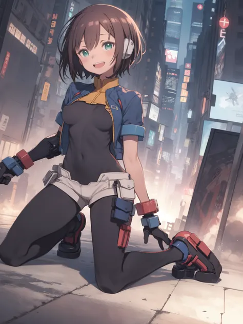 aile_megamanzx, kneeling with one hand on the ground and the other arm raised, 1girl, solo, short hair, brown hair, short sleeves, (bodysuit), robot ears, green eyes, short_shorts, short sleeves, short over long sleeves, smile, in futuristic_city_landscape...