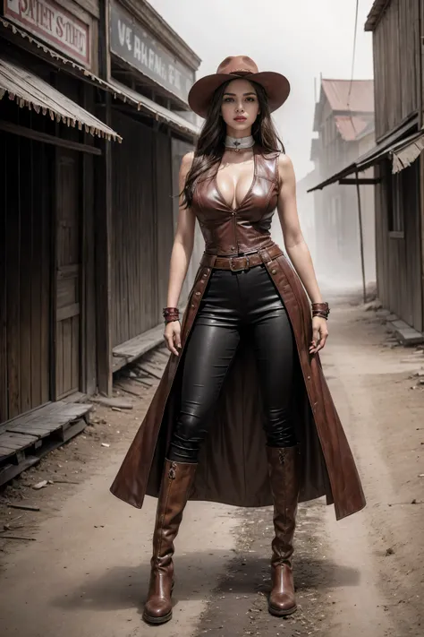 Full body cowboy woman circa 1880s, Brown long straight hair, Brown eyes, High arched eyebrows, Slender and graceful neck, Red lips, Large Breasts, Brown Leather Tights, Sleeveless Brown Leather Vest, Leather Boots, Walking on the dusty sandy streets of a ...