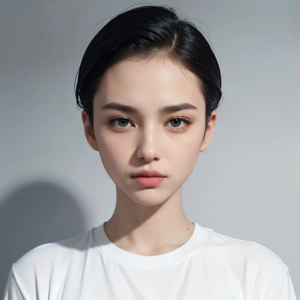 A woman with a super short haircut、Slicked back hair、Forehead、Straight face close-up、(Straight front view)、(ID photo)、T-Shirts、(A dreary room with a pure white background)