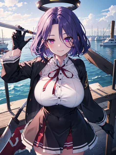 masterpiece, best quality, highres, mechanical halo, (gigantic_breasts:1.2), black dress, neck ribbon, long sleeves, black gloves, outdoors, cowboy shot, standing, holding weapon, polearm,smile,,harbor_town_landscape,purple_halfeyes,(scornful eye:1.4)