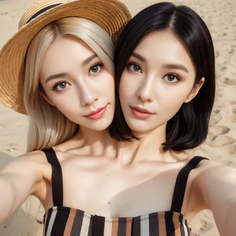 Best resolution, 2heads, young woman with two heads, blonde hair, black hair, different faces, lipstick, beach background