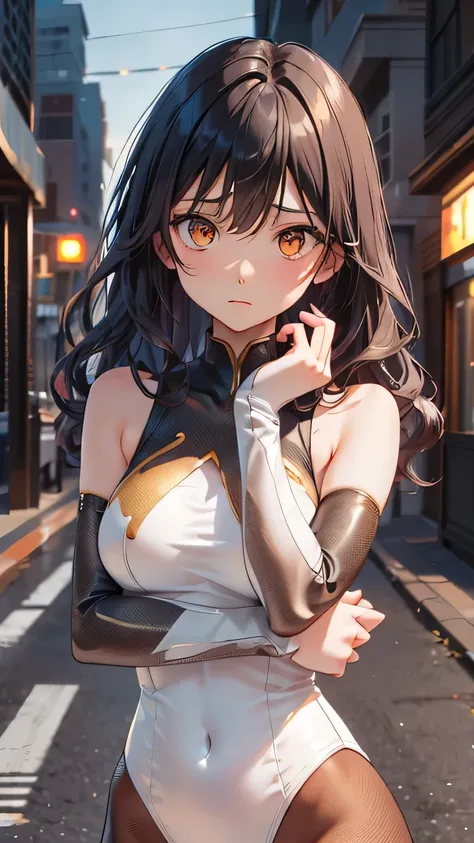 highest quality、Realistic、female、zoom、Orange Eyes、Short black wavy hair、Tempered body、A revealing hero suit、Glossy white bodysuit、Blue and gold accents、slender、Dark Skin、Arms crossed、Grim expression、Downtown at night、Bust Shot、