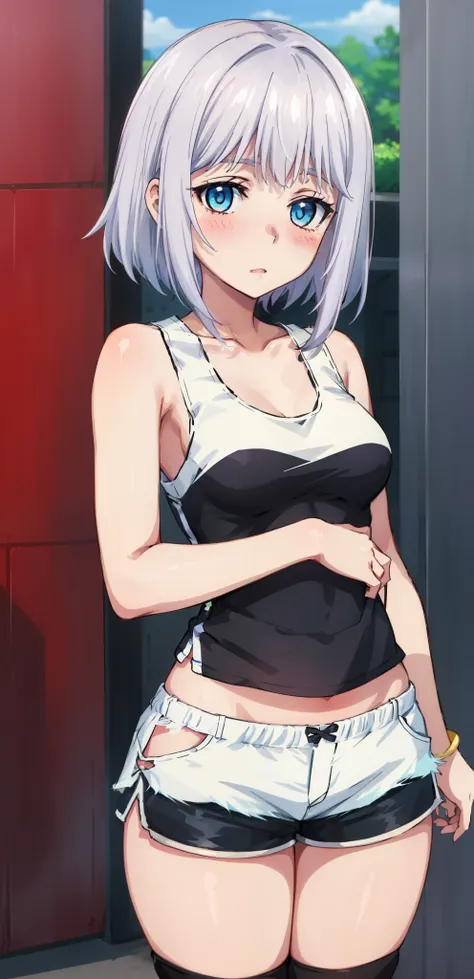 1 girl, kanon kanase,  , blush, medium breasts, sleeveless,((cropped tank top, shorts))