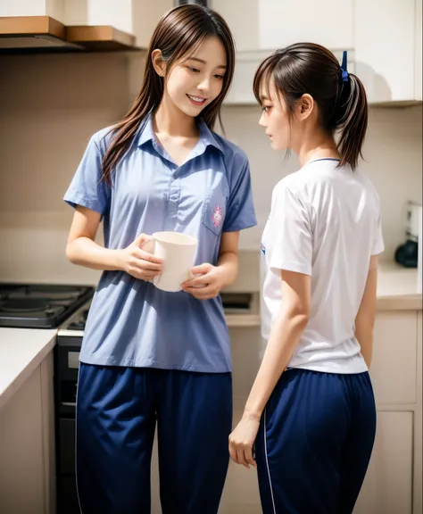 two girls in the kitchen, Navy blue short-sleeved shirt,Navy Long Trackpant,Sweatpants, Sweatpantsขายาว,25 year old girl, lesbian, sexy, exercise clothes, wet body, exercise clothes, exercise clothes