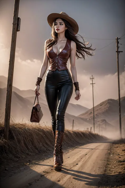 Full body cowboy woman circa 1880s, Brown long straight hair, Brown eyes, High arched eyebrows, Slender and graceful neck, Red lips, Large Breasts, Brown Leather Tights, Sleeveless Brown Leather Vest, Leather Boots, Walking on the dusty sandy streets of a ...