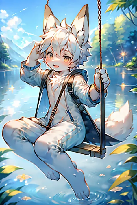 bunny boy，Bunny ears，Rabbit characteristics，Baby characteristics，Gray skin，White hair，Brave Suit，lake background，Swing