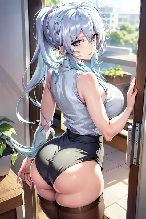 masterpiece, ultra-detailed hair, better lights, better shadows,1girl, yukino, breasts, skirt, silver hair, solo, long hair, large breasts, blue eyes, braid, ass, looking at viewer, braided ponytail, hair ornament, sleeveless, hair flower, black skirt, shi...