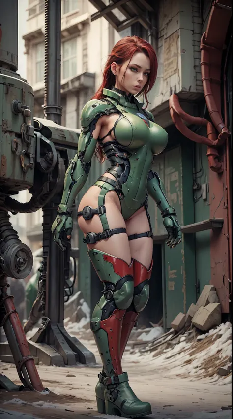 cyborg sexy big breasts athletic body robotic arms green and red metal boots green and red armor nsfw senary a city of ice nsfw ...